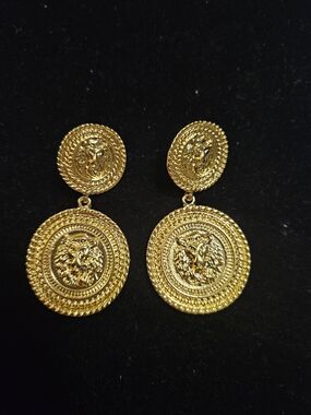 Gold Lion Medallion Drop Earrings - Women Jewelry